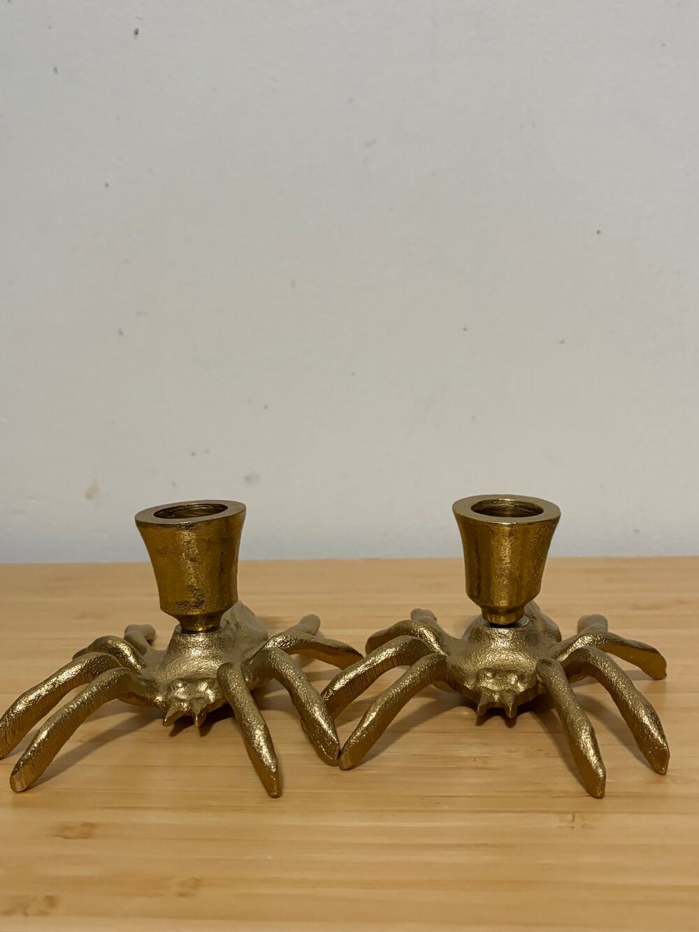 Gold Spider Candle Holders Pair Metal Halloween Gothic Taper Candlesticks Decor